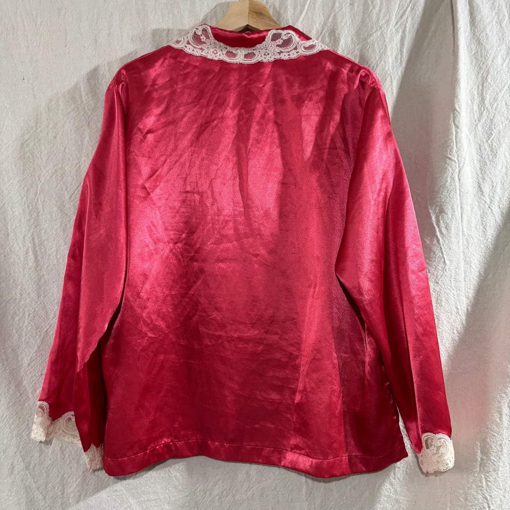 Oscar de la Renta Pink Label Vintage Y2K Red Satin Lace Trim Pajama Top Large - Picture 2 of 6